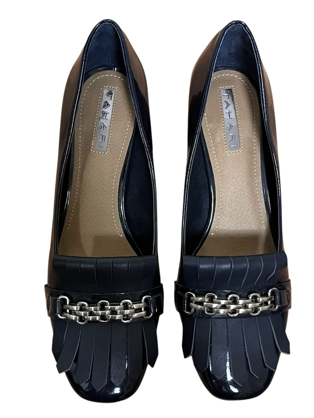 Tahari Mary Navy Patent Loafer Pumps Block Heel Fringe Chain Detail Size 8 - Picture 5 of 12